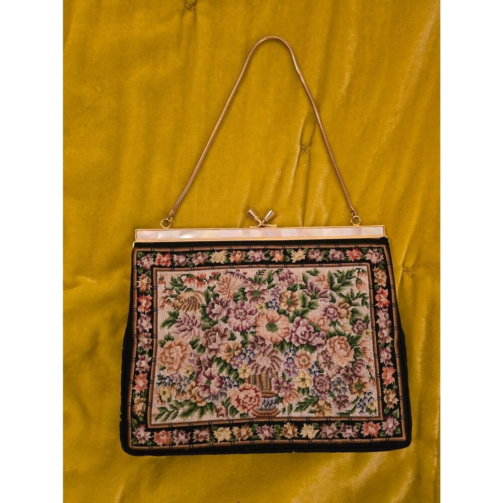 Vintage with tags Handmade 1970's Petite Point Embroidered Handbag